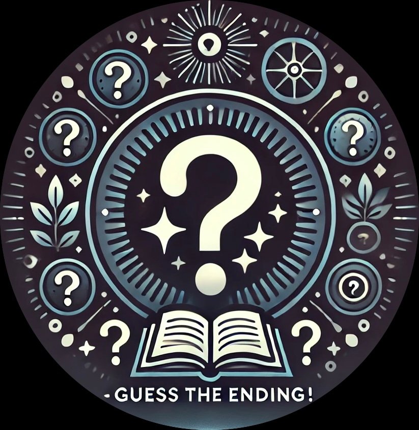 a large question mark on top of an open book, with text under the book "Guess The Ending!"