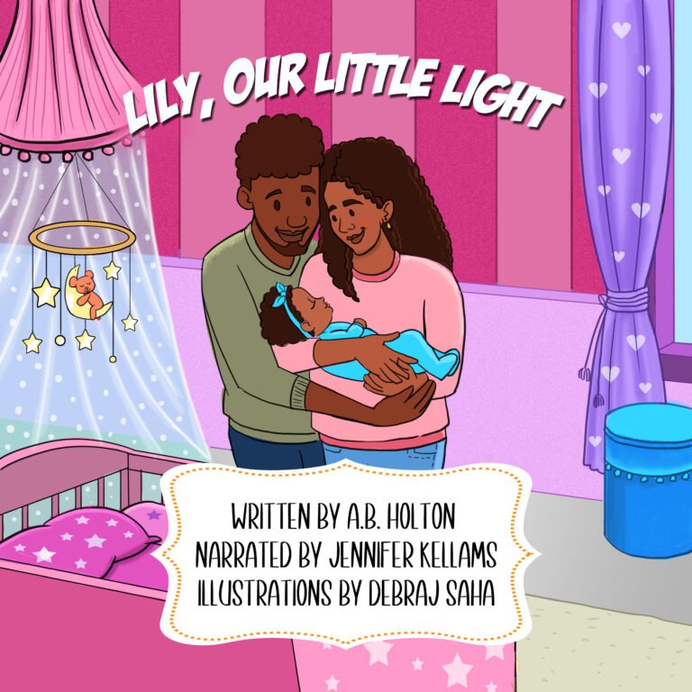 African American Couple holding their daughter in her nursery, the room is colorful shades of pink and purple.