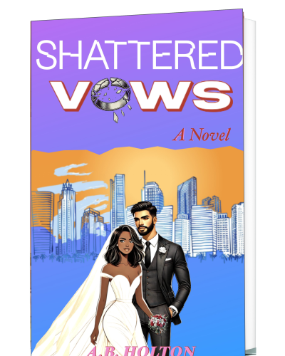 The Shattered Vows book cover features a man and woman standing in wedding attire. Behind them, a vibrant purple and blue cityscape surrounds them.